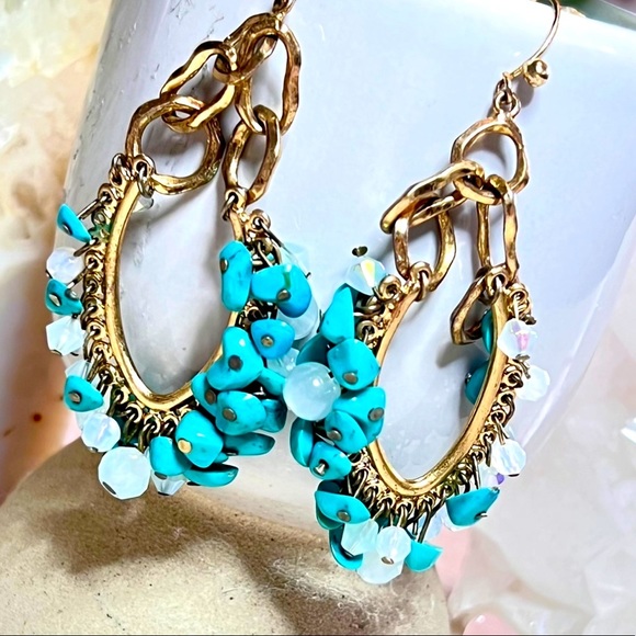 Gold & Turquoise Bohemian Earrings, Gold Tone fashion jewelry dangling - Picture 1 of 3
